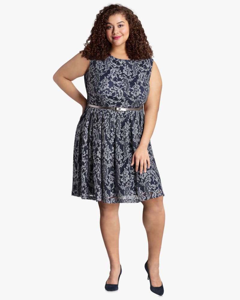 Plus size model with diamond body shape wearing Waldorf Belted Lace Dress by Sabrina Blue | Dia&Co | dia_product_style_image_id:118042